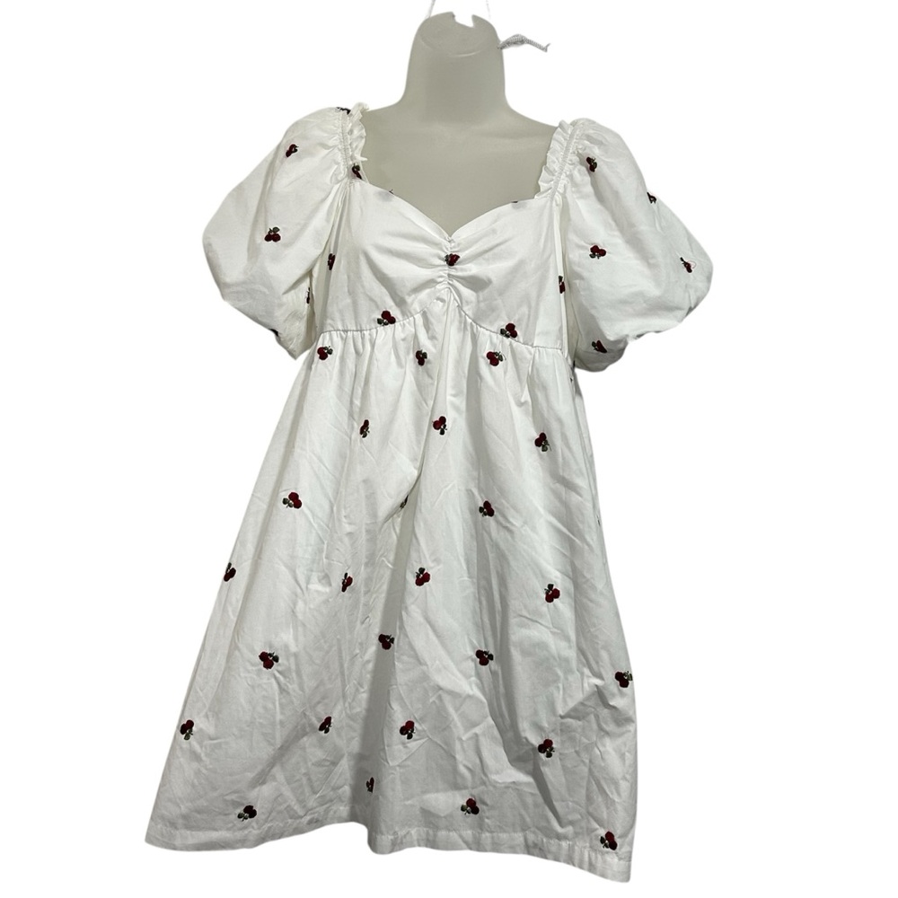 ALTAR'D STATE White Peasant Dress RED EMBROIDERED CHERRIES Cherry Puff Sleeve S
